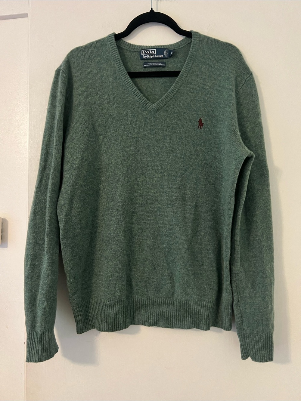 Vintage lambswool Polo by Ralph Lauren Sage Green V-Neck red pony M (AA105)